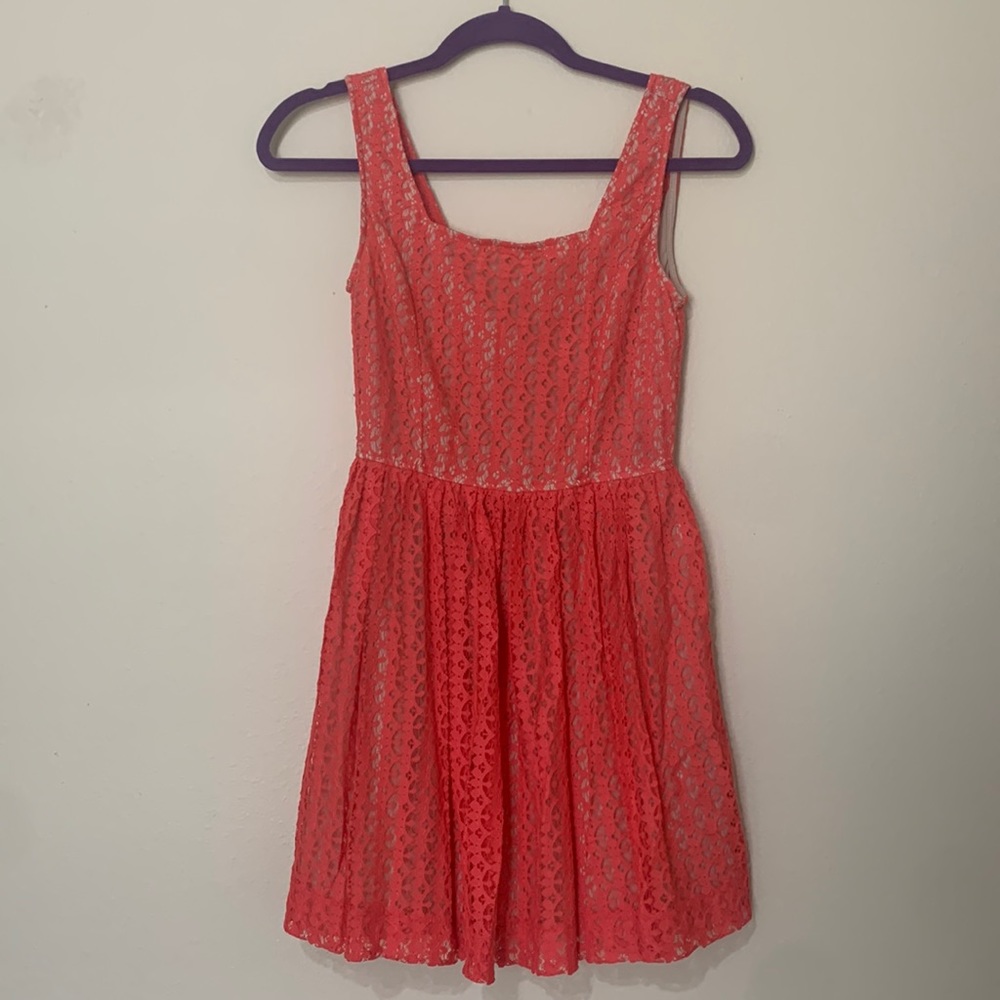 Coral lace dress with buttons down the back
